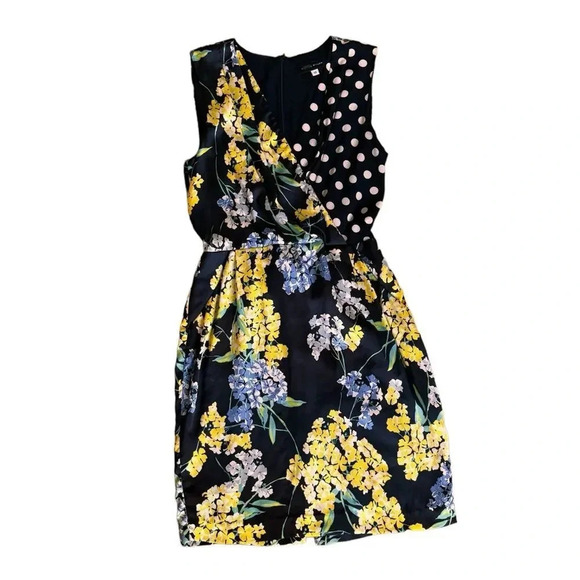 Slate & Willow Yellow Mixed-Media Floral Polka Dot Faux-Wrap Sheath V-neck 12 - Picture 4 of 16